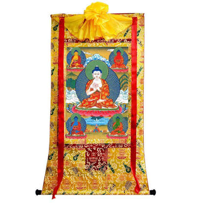 The Mandala of Five Dhyani-Buddhas of Vajradhatu - Tibetan thangka painting, close-up detail