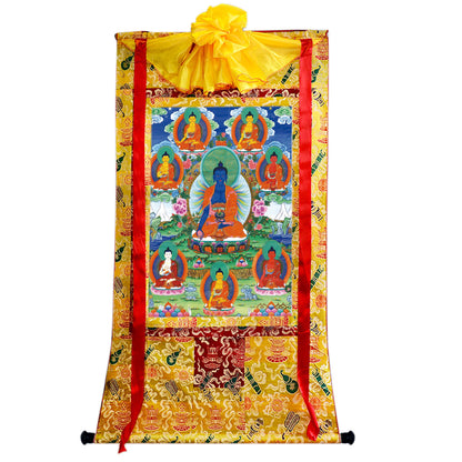 Gandhanra Tibetan Thangka Art - Bhaisajyaguru - Eight Medicine Buddhas - from Kathok Monastery - Giclee Print with Mineral Pigments