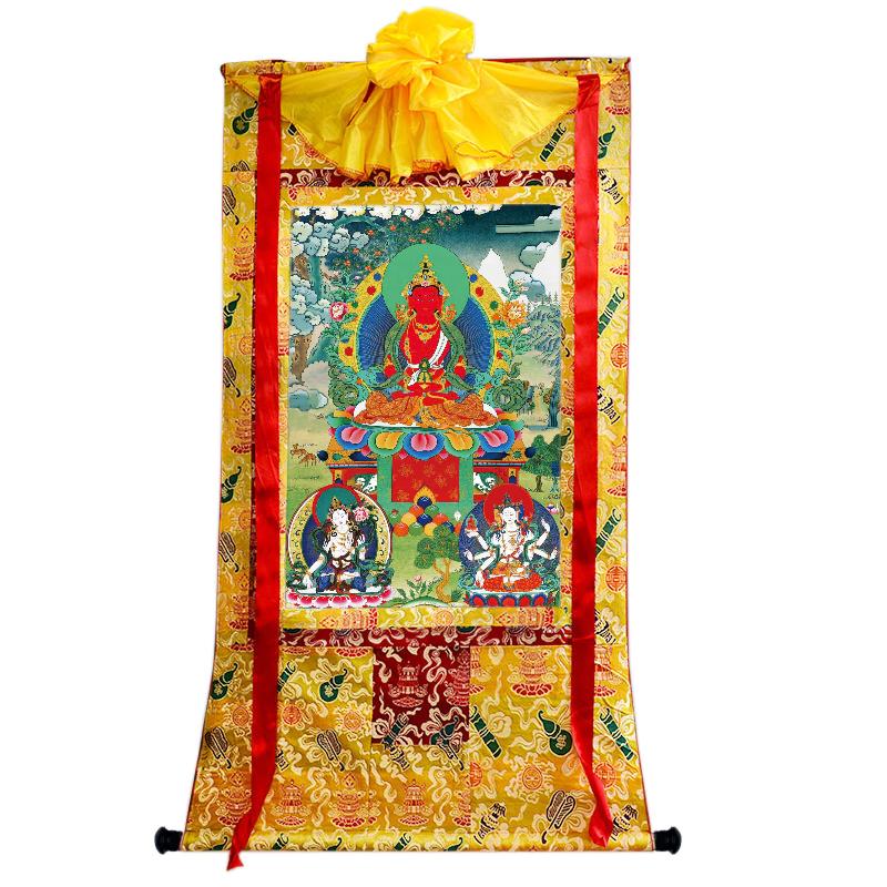 Gandhanra Tibetan Thangka Art - Amitayus - Three Buddhas of Longevity - from Kathok Monastery - Giclee Print with Mineral Pigments