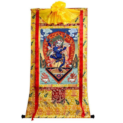 Lion-faced Dakini - Simhamukha - -Simhavaktra -Longsal Sengmar - Tibetan thangka painting, close-up detail