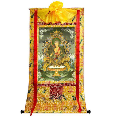 Maitreya - Future Buddha - Tibetan thangka painting, close-up detail