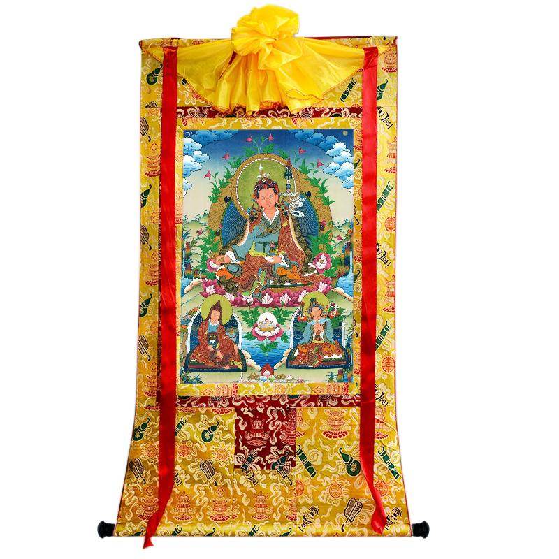 Padmasambhava - Guru Rinpoche with King Trisong Detsen & Shantarakshita - Tibetan thangka painting, close-up detail