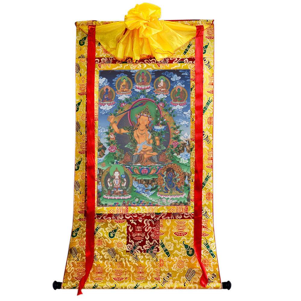 Manjusri - Tibetan thangka painting, close-up detail