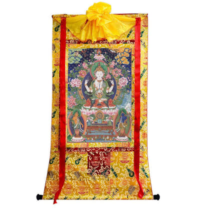 Chenrezig - Tibetan thangka painting, close-up detail