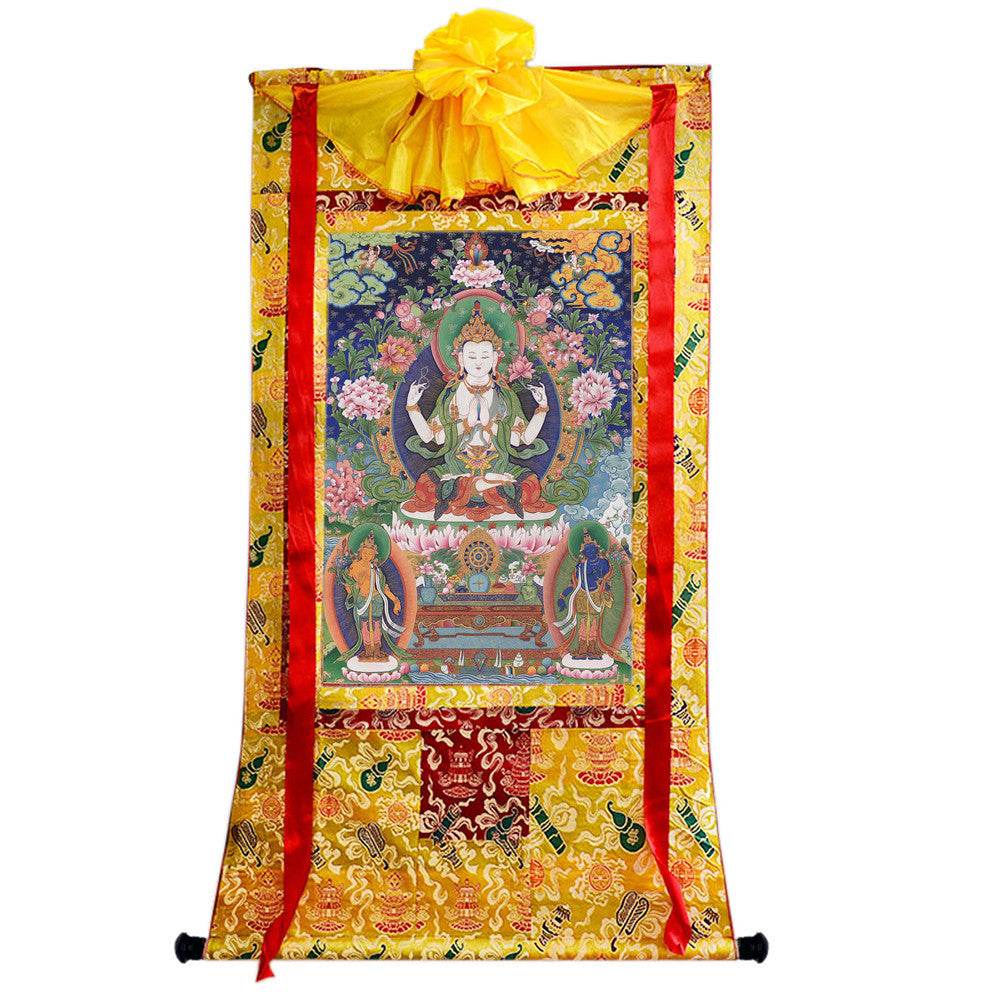 Chenrezig - Tibetan thangka painting, close-up detail