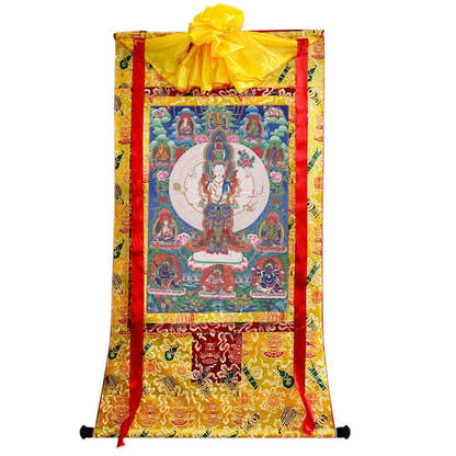The Thousand-hand Avalokiteshvara - Tibetan thangka painting, close-up detail