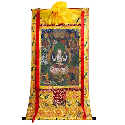 Chenrezig - Tibetan thangka painting, close-up detail