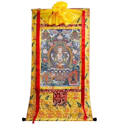 Chenrezig - Tibetan thangka painting, close-up detail
