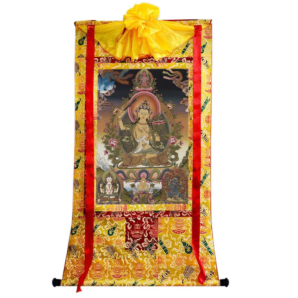 Manjusri - Tibetan thangka painting, close-up detail