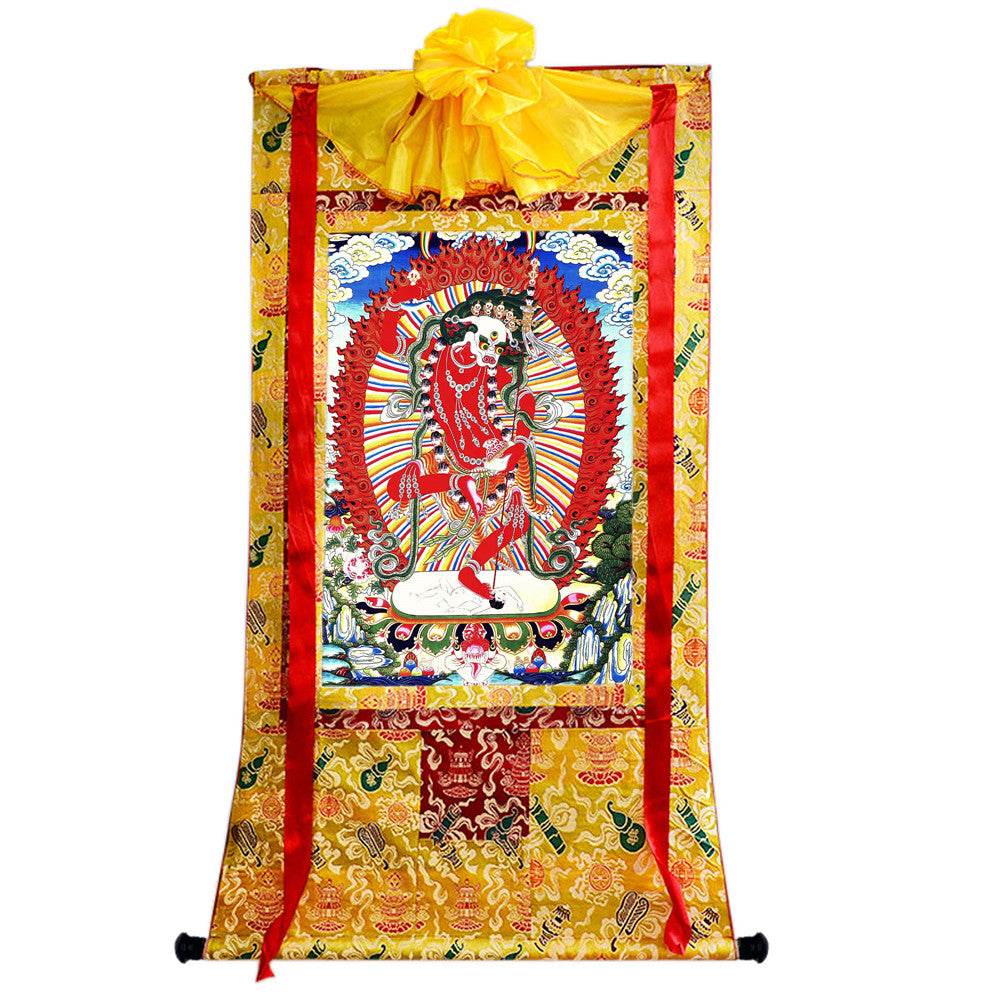 Lion-faced Dakini - Simhamukha - -Simhavaktra -Longsal Sengmar - Tibetan thangka painting, close-up detail