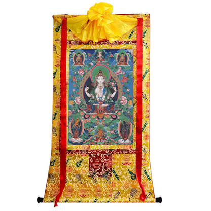 Chenrezig - Tibetan thangka painting, close-up detail