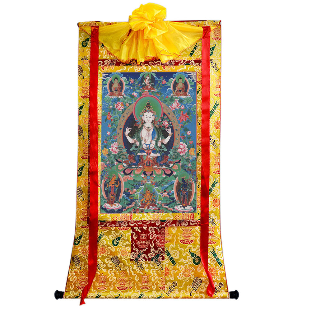 Gandhanra Tibetan Thangka Art - Chenrezig - Padmapani - from Kathok Monastery - Giclee Print with Mineral Pigments