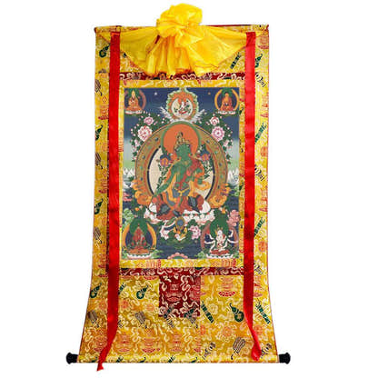 Green Tara - Tibetan thangka painting, close-up detail
