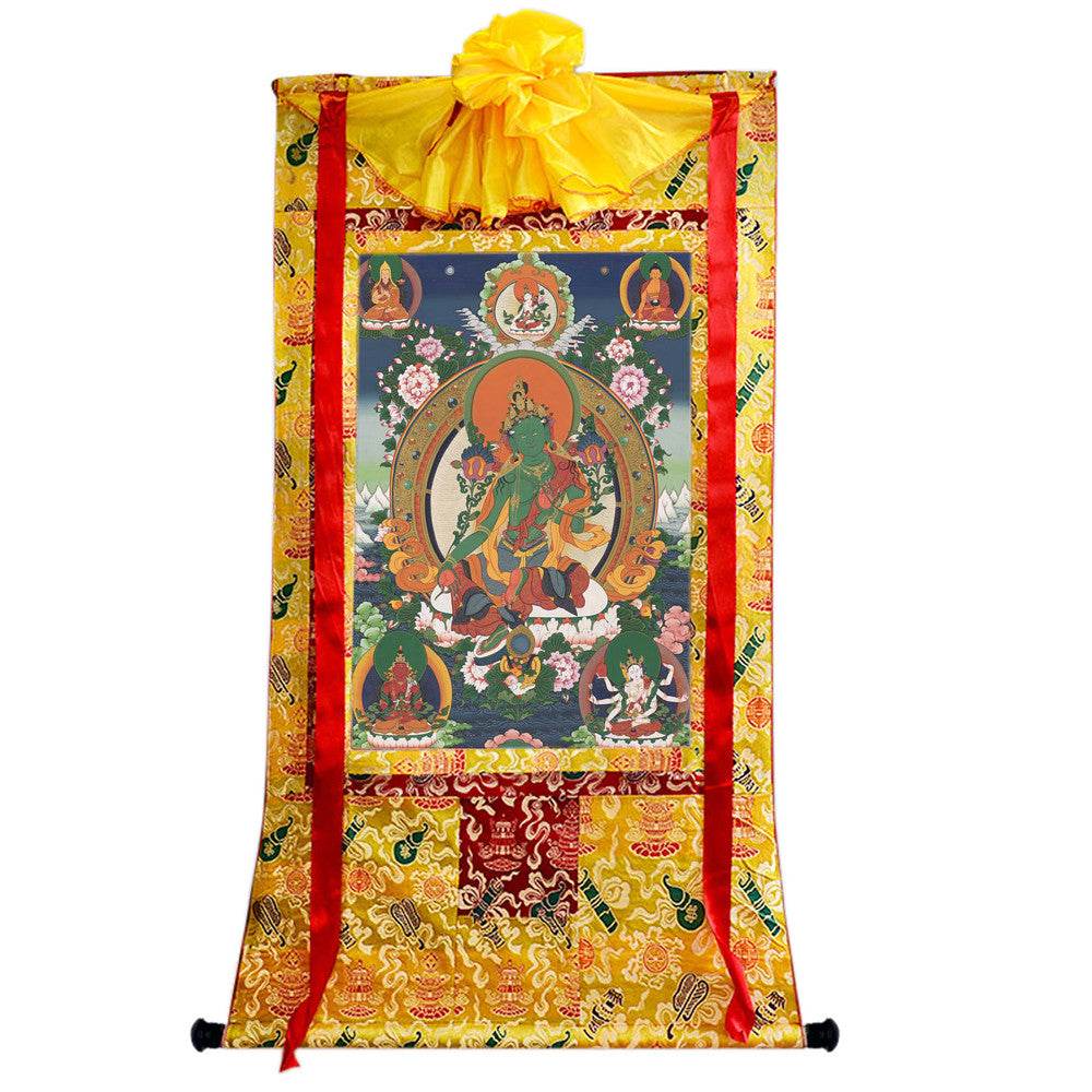 Green Tara - Tibetan thangka painting, close-up detail