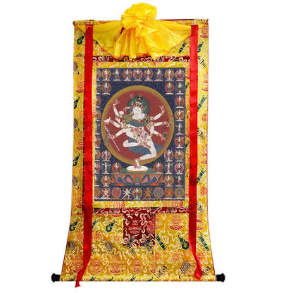 2-faced 8-armed Padmapani Padmajala - Tibetan thangka painting, close-up detail