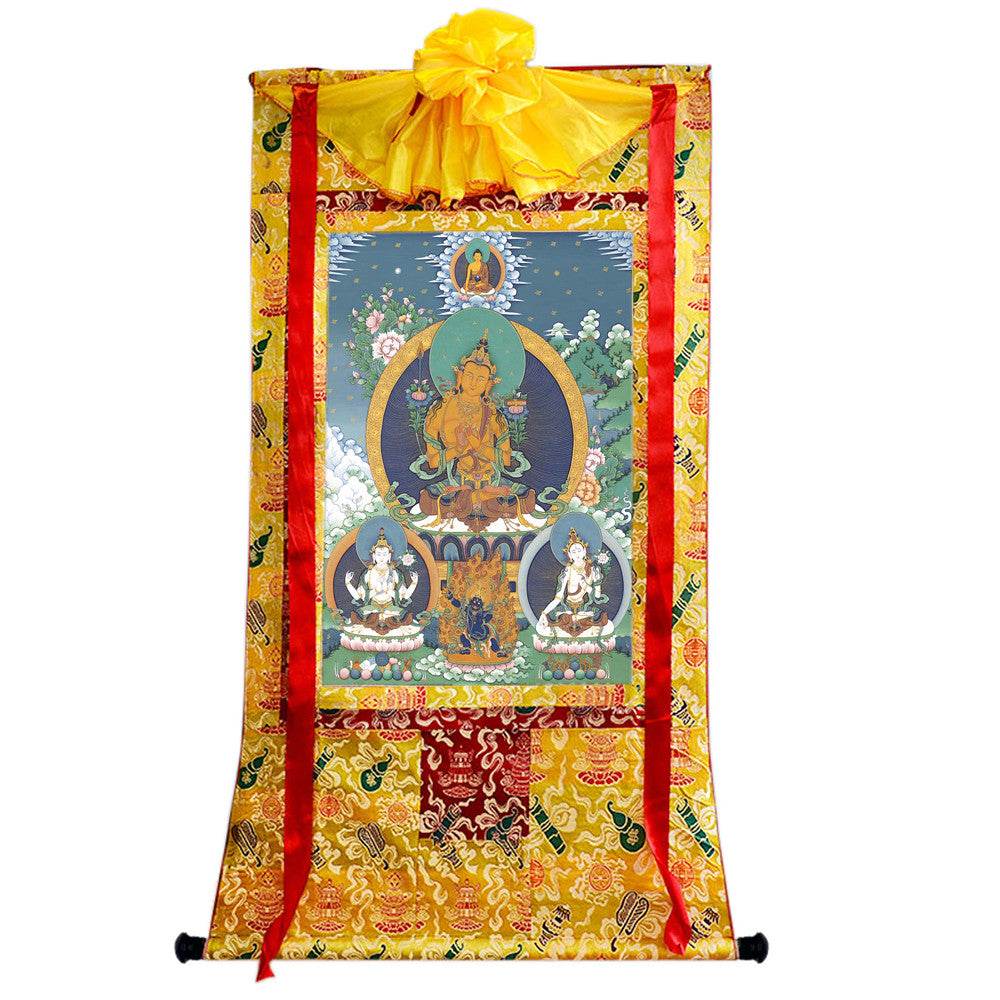 Manjushri Chenrezig Vajrapani - Tibetan thangka painting, close-up detail