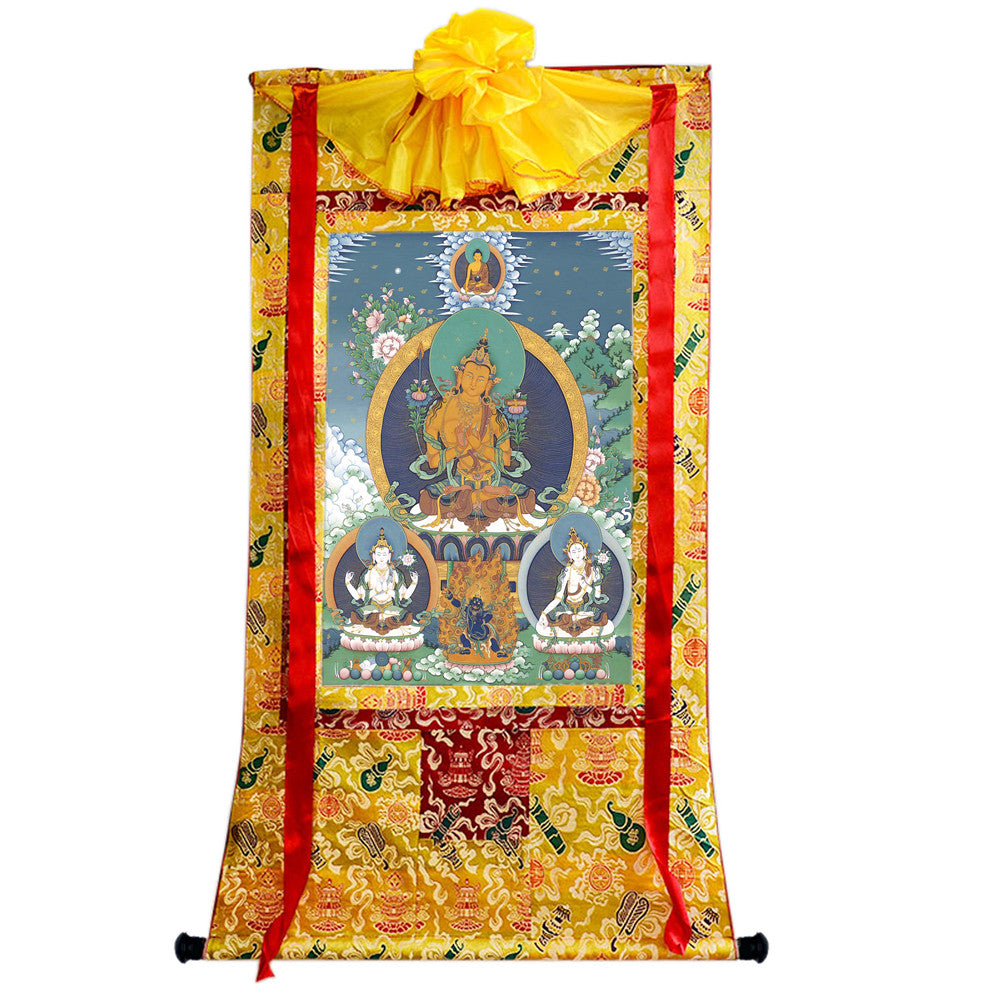 Gandhanra Tibetan Thangka Art - Manjushri Chenrezig Vajrapani - from Kathok Monastery - Giclee Print with Mineral Pigments