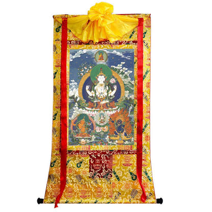 Chenrezig - Tibetan thangka painting, close-up detail