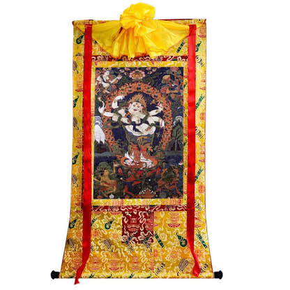 White Mahakala - 17th Century Old Version - Tibetan thangka painting, close-up detail