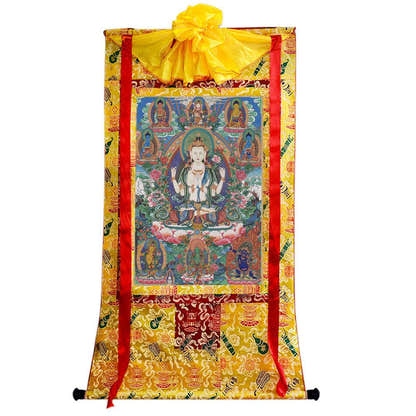 Chenrezig - Tibetan thangka painting, close-up detail
