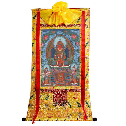 Amitayus - the Buddha of Longevity - Tibetan thangka painting, close-up detail