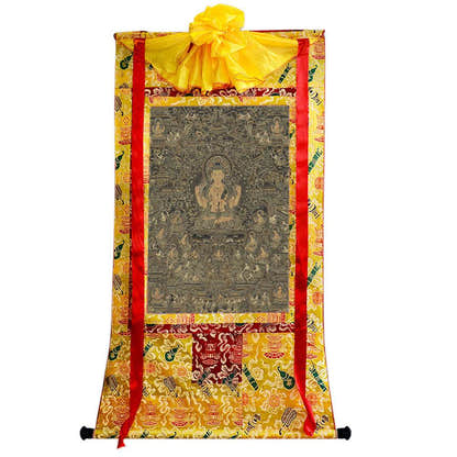 Chenrezig Pure Land - Tibetan thangka painting, close-up detail