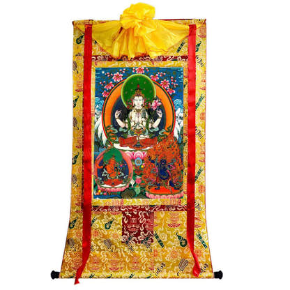 Chenrezig - Tibetan thangka painting, close-up detail