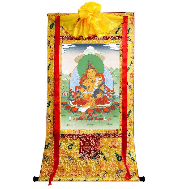 Yellow Jambhala - Tibetan thangka painting, close-up detail