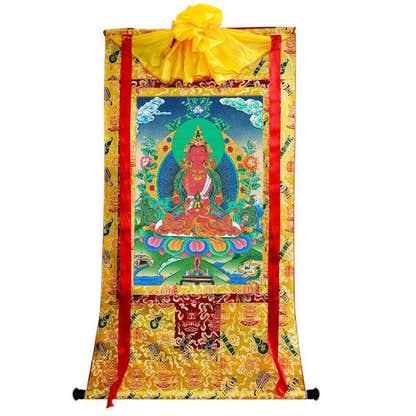 Amitayus - the Buddha of Longevity - Tibetan thangka painting, close-up detail