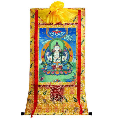 Chenrezig - Tibetan thangka painting, close-up detail