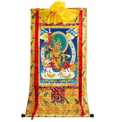 Vaishravana / Vaisravana - Tibetan thangka painting, close-up detail