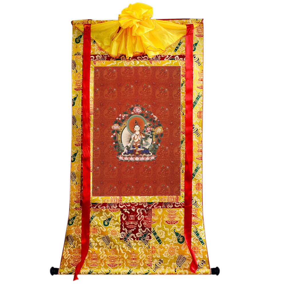 Gandhanra Hand Framed Tibetan Thangka Art,White Tara, Buddhist Tapestry,Giclee Print with Mineral Pigments,48" × 32"