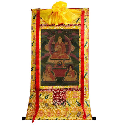 Tsongkhapa and His 2 Disciples - 17th Century - Tibetan thangka painting, close-up detail