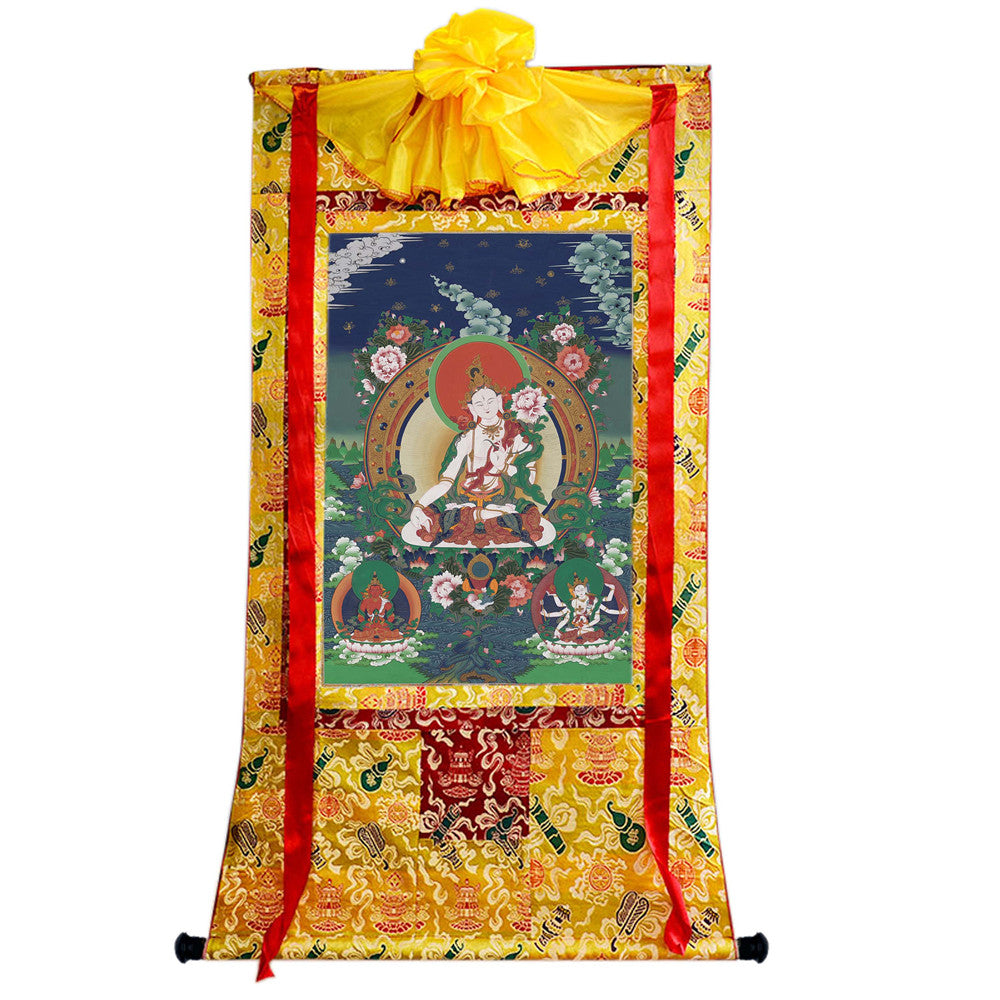 Gandhanra Hand Framed Tibetan Thangka Art,White Tara, Buddhist Tapestry,Giclee Print with Mineral Pigments,48" × 32"