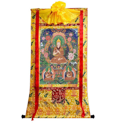 Tsongkhapa and His 2 Disciples - Tibetan thangka painting, close-up detail