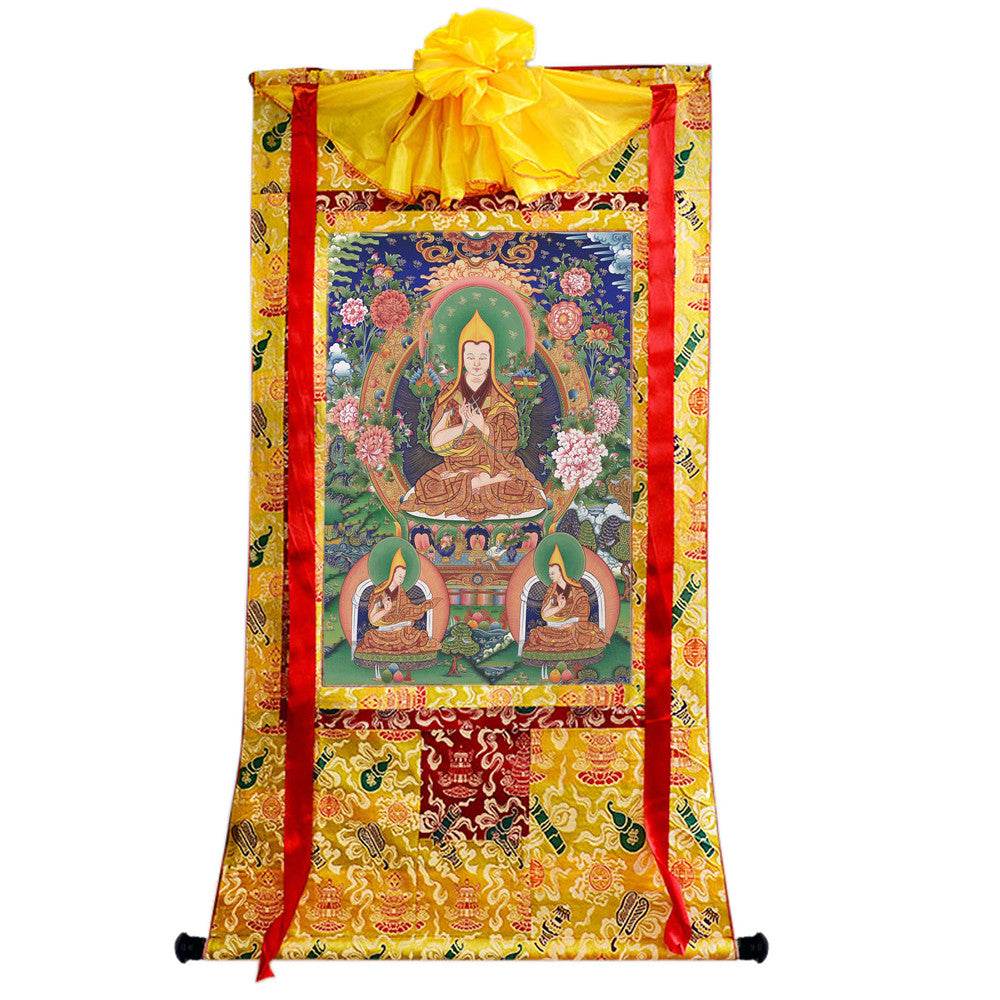 Tsongkhapa and His 2 Disciples - Tibetan thangka painting, close-up detail