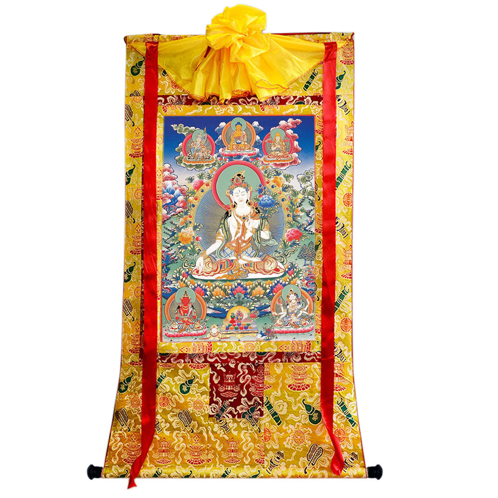 Gandhanra Hand Framed Tibetan Thangka Art,White Tara, Buddhist Tapestry,Giclee Print with Mineral Pigments,48" × 32"