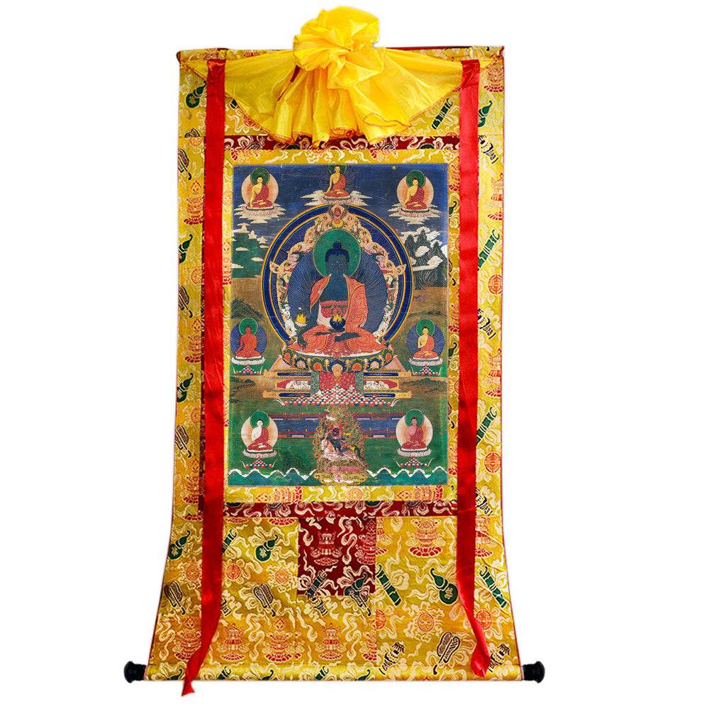 Bhaisajyaguru - Medicine Buddha - Tibetan thangka painting, close-up detail