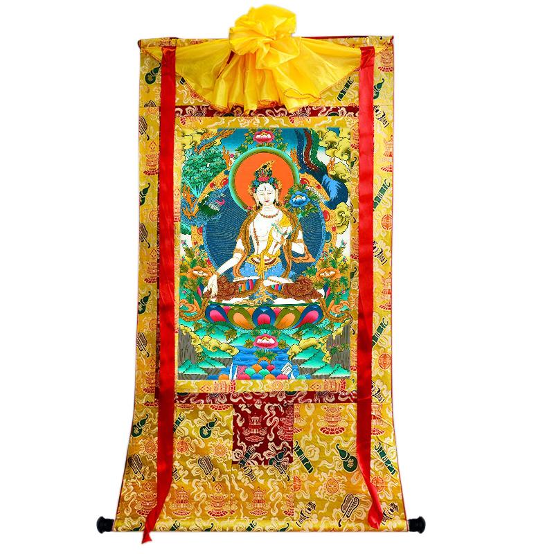 Gandhanra Hand Framed Tibetan Thangka Art,White Tara, Buddhist Tapestry,Giclee Print with Mineral Pigments,48" × 32"