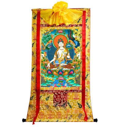 Gandhanra Hand Framed Tibetan Thangka Art,White Tara, Buddhist Tapestry,Giclee Print with Mineral Pigments,48" × 32"