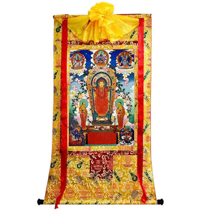 Buddha of Sandalwood Merit - Tibetan thangka painting, close-up detail