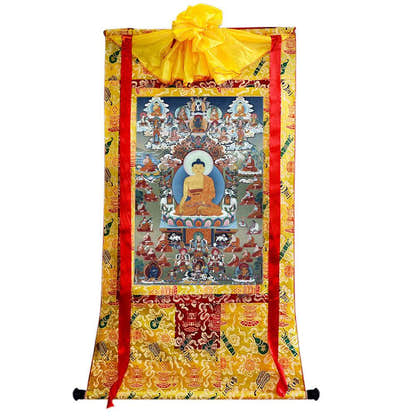 Shakyamuni - Tibetan thangka painting, close-up detail