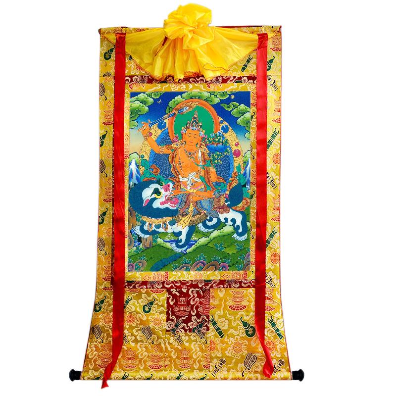 Gandhanra Tibetan Thangka Art - Manjushri on a Lion - from Kathok Monastery - Giclee Print with Mineral Pigments