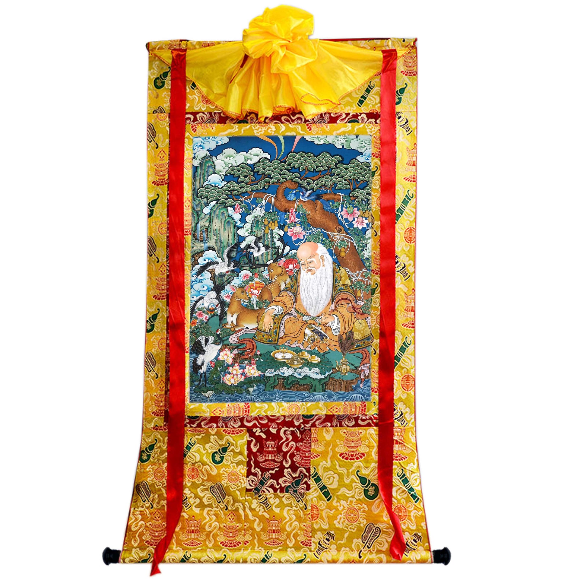 Gandhanra Tibetan Thangka Art -  Fulushou - God of Longevity - from Kathok Monastery - Giclee Print with Mineral Pigments