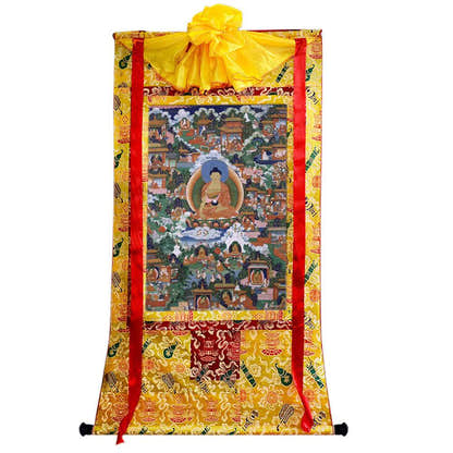 Shakyamuni Pure Land Thangka - Tibetan thangka painting, close-up detail