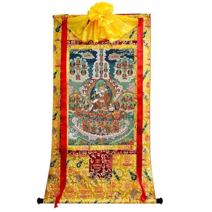 Padmasambhava - Guru Rinpoche on Refuge Tree - Tibetan thangka painting, close-up detail