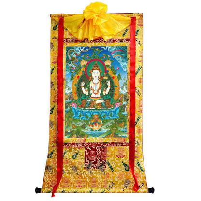 Chenrezig - Tibetan thangka painting, close-up detail