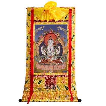 Chenrezig - Tibetan thangka painting, close-up detail