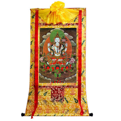 Chenrezig - Tibetan thangka painting, close-up detail