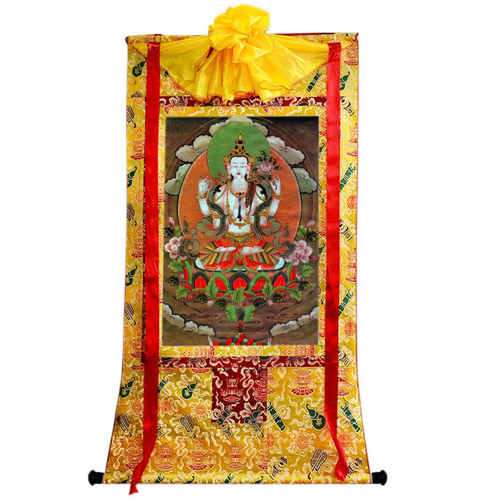 Chenrezig - Tibetan thangka painting, close-up detail